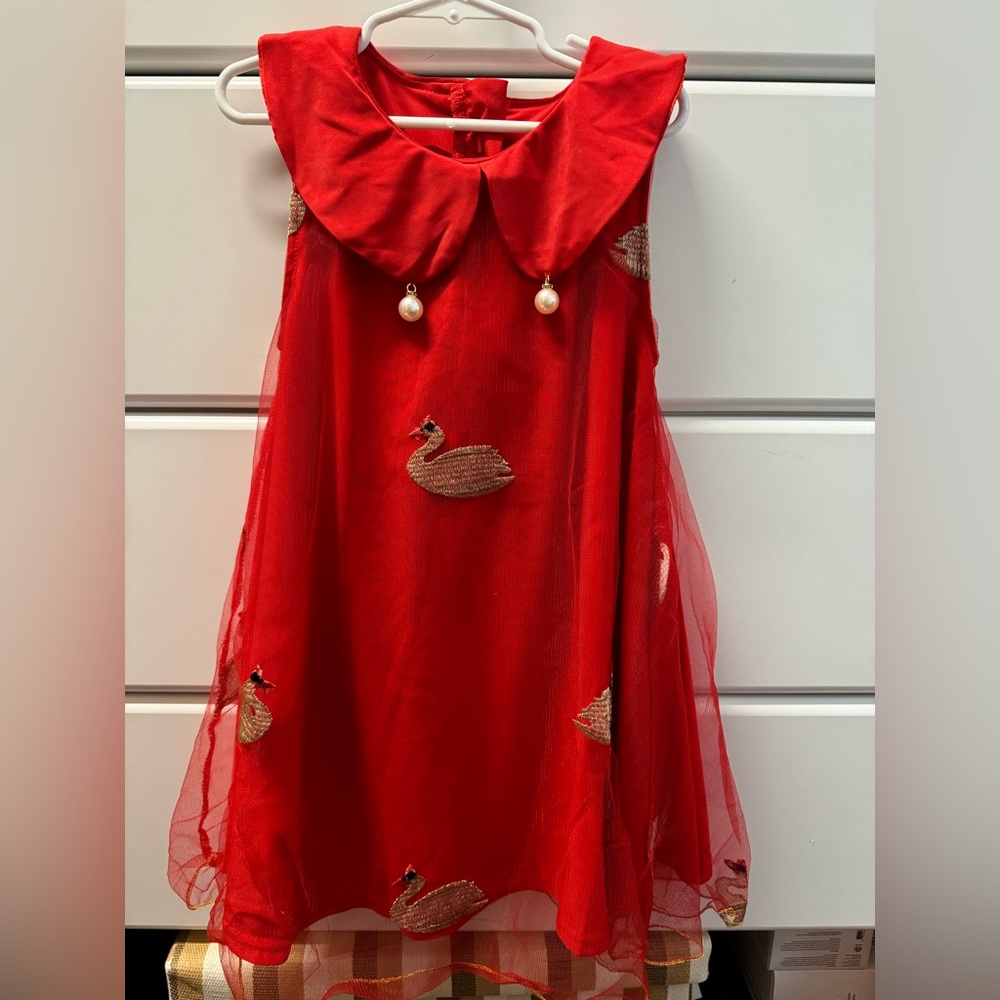 New Girl summer red dress with swan details, size 120